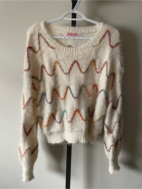 Pink Robin New York Fuzzy Eyelash Knit Sweater Rainbow Zigzag Braided Chevron
